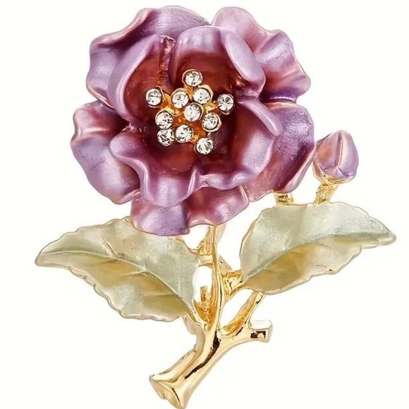 PURPLY PINK ENAMEL WILD ROSE RHINESTONE CENTER GOLDEN PIN 50 - Picture 2 of 2